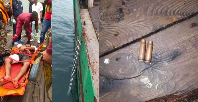 Chief cook Sunil Ghosh (left) was shot at three times by the pirates. The ladder used by the pirates (Middle). Bullet shells onboard the vessel (right).