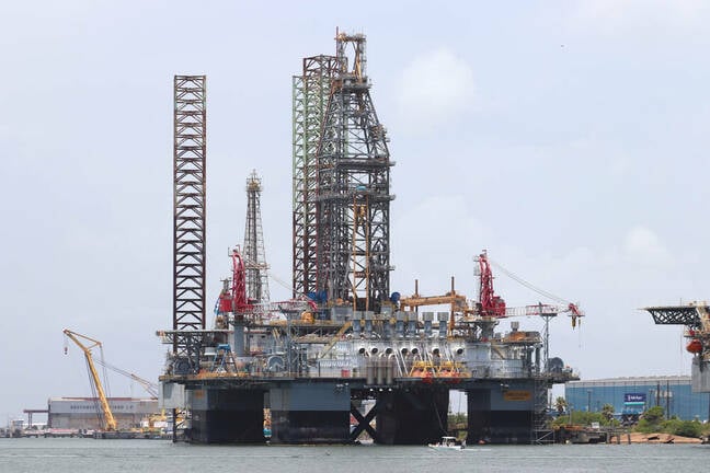 Docked offshore oil drilling rig in the port of Galveston, Texas
