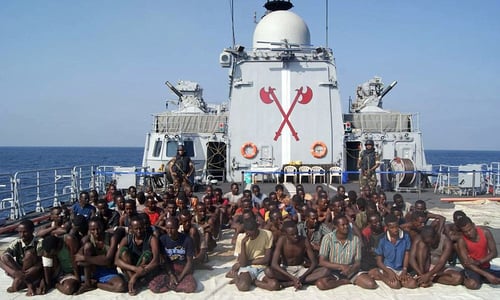File photo of pirates captured by the Indian Navy in the Arabian Sea