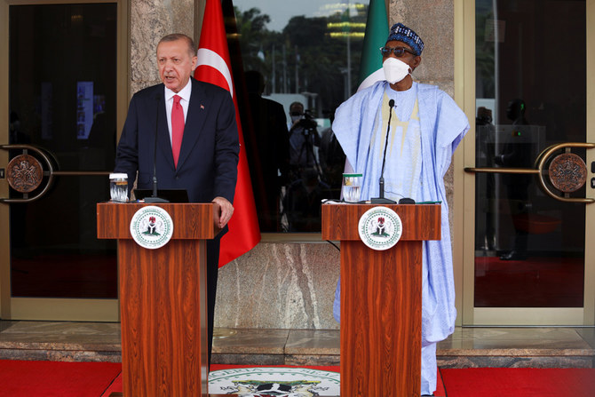 Nigerian President Muhammadu Buhari and Turkish President Recep Tayyip Erdogan hold a news conference in Abuja, Nigeria,