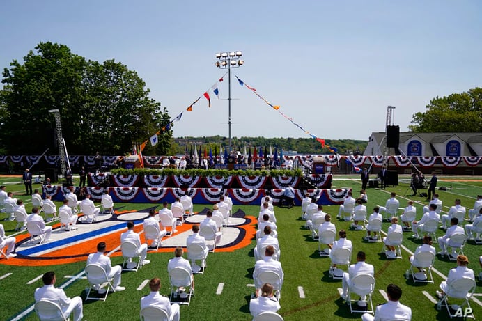 President Joe Biden speaks at commencement at the U.S. Coast Guard Academy in New London