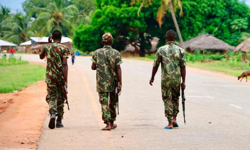 Soldiers in Mozambique. Militants raided the town of Palma on Wednesday, forcing almost 200 people to flee. Photograph- Adrien BarbierAFPGetty Images