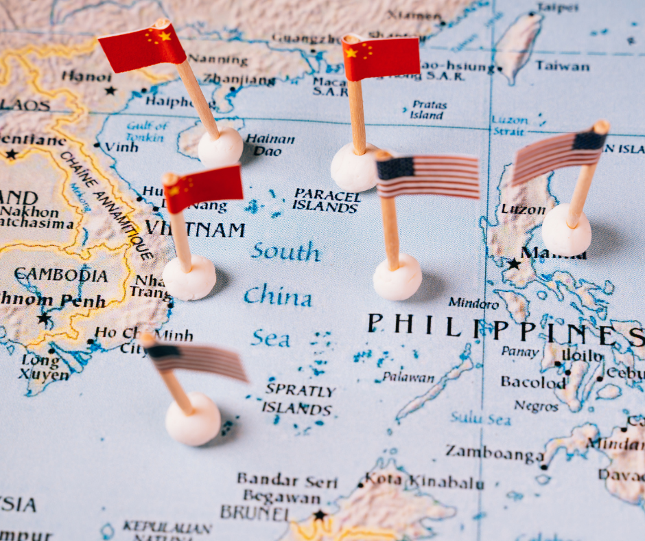 South China Sea on map with country flags - canva