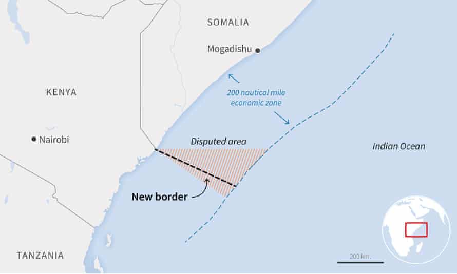 The new maritime boundary drawn by the UN international court of justice, which was closest to a line proposed by Somalia