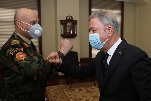 Turkish National Defense Minister Hulusi Akar receives Chief of Staff of the Armed Forces of Libya, Mohamed Ali al-Haddad in Ankara, Turkey on October 19, 2020