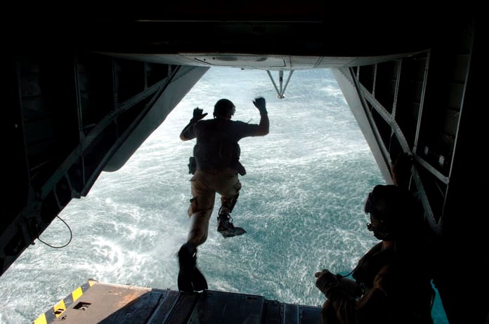 US service members practising water rescue techniques during a routine training exercise off the coast of Djibouti in 2007.