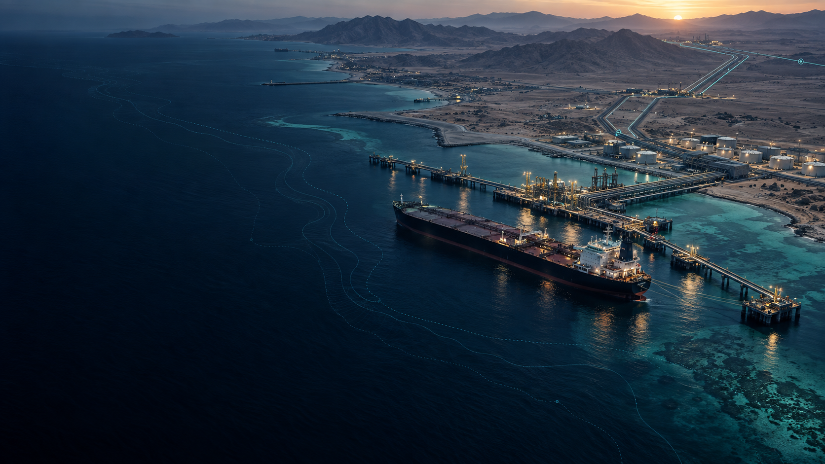 Editorial illustration of a crude tanker at a Red Sea oil terminal, with pipeline infrastructure extending inland.
