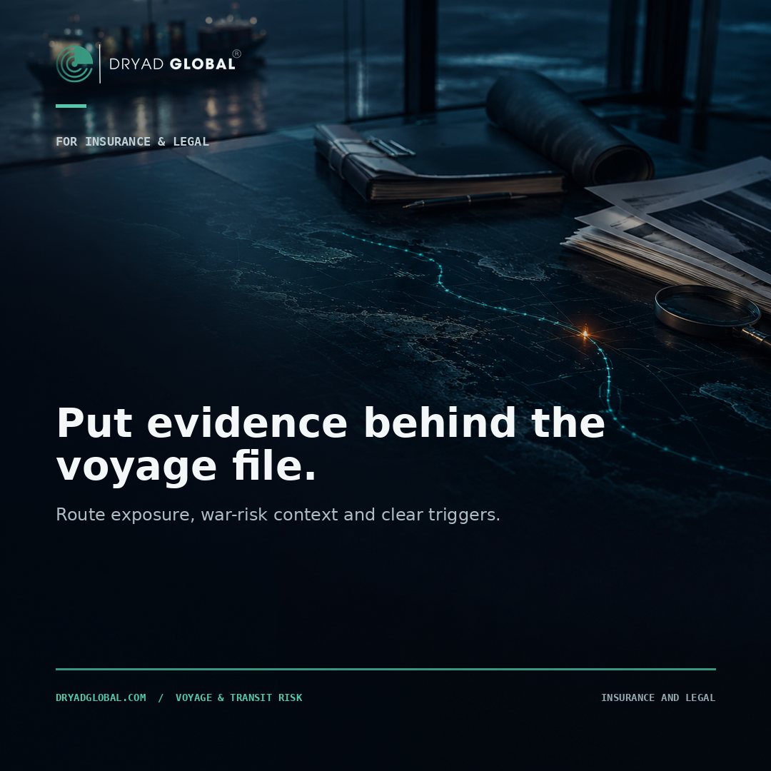 Put evidence behind the voyage file. Route exposure, war-risk context and clear triggers.