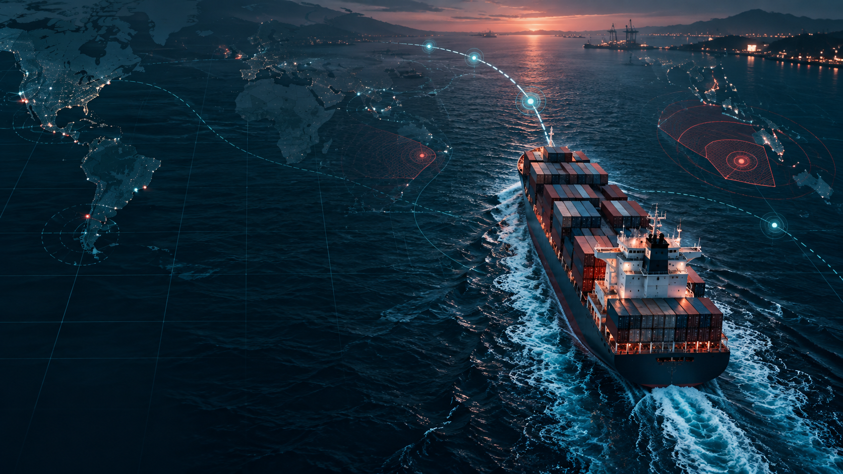 Container ship follows a monitored route across a maritime risk map showing voyage, port and regional threat signals.
